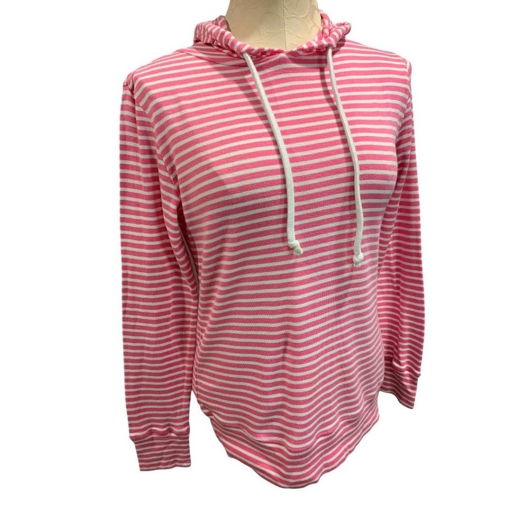 Small 1901 Women's Lightweight Pink White Striped Pullover Hoodie Soft Cotton Mo